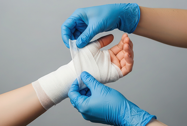 手に包帯を巻く様子